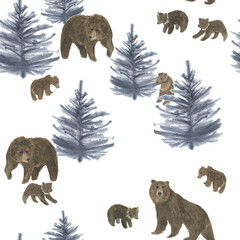Winter pattern with brown bears and fir trees.Hand drawn with watercolor