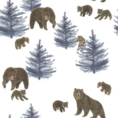 Fotobehang Bosdieren Winterpatroon met bruine beren en sparren. Hand getekend met aquarel