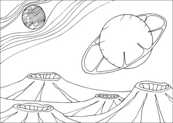 Doodle alien fantasy crater landscape coloring page for adults. Fantastic graphic artwork. Hand drawn illustration