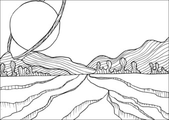 Doodle alien fantasy crater landscape coloring page for adults. Fantastic graphic artwork. Hand drawn illustration