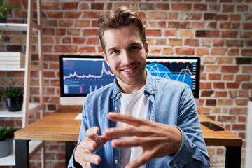 Adult man has video call from home office