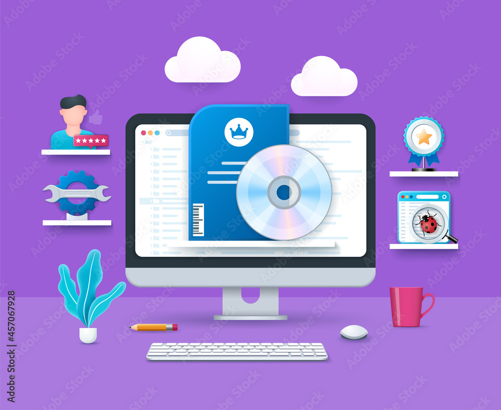 Aufkleber software quality assurance concept. computer with software disk icon on screen. web vector illustrat