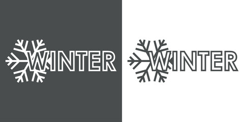 Banner con texto Winter con silueta de copo de nieve con lineas en fondo gris y fondo banco