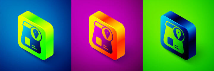Isometric Online ordering and fast food delivery icon isolated on blue, purple and green background. Square button. Vector