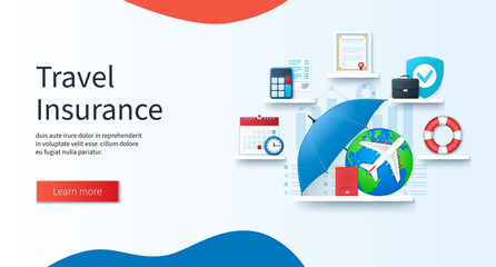 Travel insurance concept. Schedule, calculation, guarantee, certificate, support icons. Business and protection banner. Web vector illustrations in 3D style