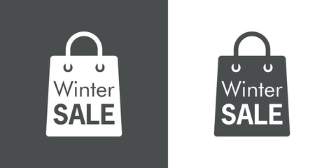 Regalos de Navidad. Logotipo con silueta de bolsa de la compra con texto Winter Sale en fondo gris y fondo blanco