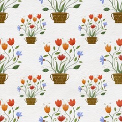 Seamless pattern with floral illustration in folk decorative ethnic style for fabrics, materials, background, clothing, wallpaper, paper