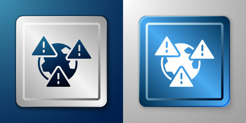 White Planet earth symbol with exclamation mark icon isolated on blue and grey background. Global earth, Exclamation mark danger. Silver and blue square button. Vector