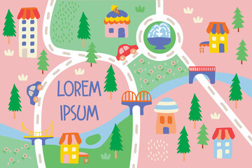 Cute city map pattern, wallpaper for kids, illustration for preschool, hometown background, landscape with house and tree, city map collections.