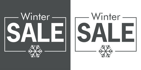 Regalos de Navidad. Logotipo con silueta de etiqueta con texto Winter Sale con copo de nieve con cuadrado lineal en fondo gris y fondo blanco