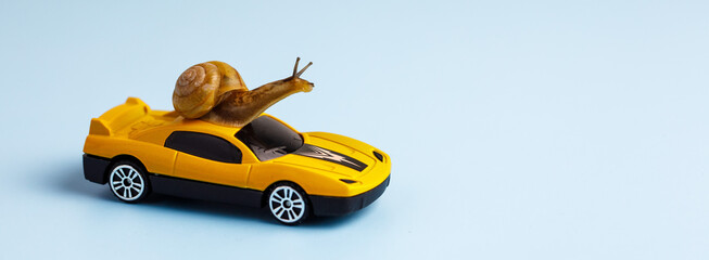 Speedy snail like car racer. Concept of speed and success. Concept of fast taxi or delivery. Yellow...
