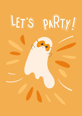 Halloween card with cute ghost, abstract shapes and hand drawn text Let's party. Funny greeting poster, banner, vector illustration with mystical floating character