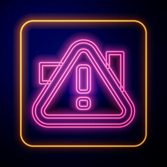 Glowing neon Exclamation mark in triangle icon isolated on black background. Hazard warning sign, careful, attention, danger warning important. Vector