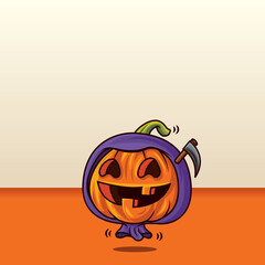 Happy Halloween. Cartoon cute pumpkin with grim reaper costume on empty space background