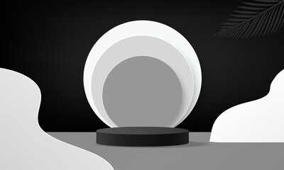 abstract black white 3d podium mockup tropical minimal stage luxury product vector illustation design