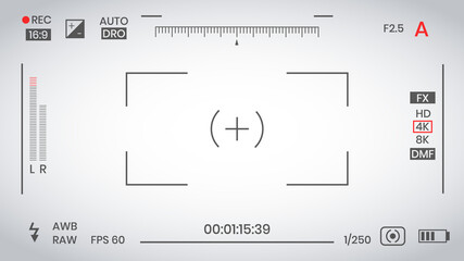 Camera viewfinder video or photo frame recorder flat style design vector illustration. Digital camera viewfinder with exposure settings and focusing grid template.