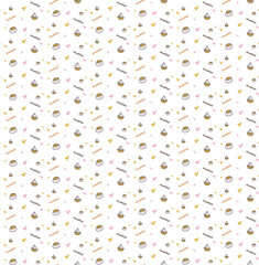 Vector seamless pattern. A coffee pattern for wallpapers, paper packaging, fabrics, prints and more. Cute coffee pattern with small hearts and cake. Breakfast with coffee and sweet dessert.