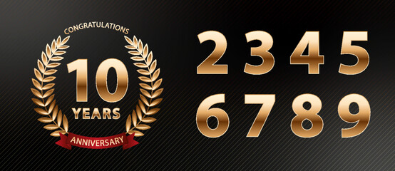 10 years anniversary golden laurel wreath. Anniversary celebration logo. Vector illustration. With all numbers. Editable