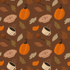 vector seamless pattern on the theme of thanksgiving day with pumpkins, autumn foliage, pie, cup of coffee. pattern in flat style for printing on fabric, wrapping paper