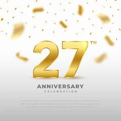 27th anniversary celebration with gold glitter color and white background. Vector design for celebrations, invitation cards and greeting cards.