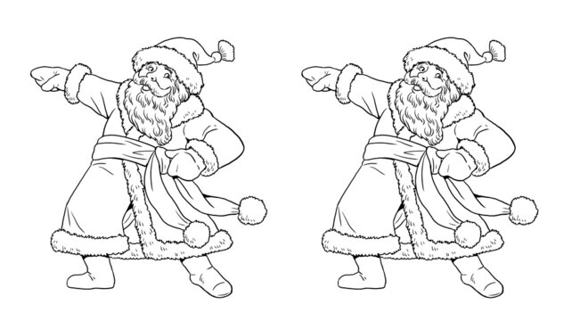 Funny dancing Santa Claus. Happy New Year card. Christmas template for coloring.	