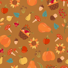 Autumnal seamless pattern with pumpkins, berries, mushrooms, pears, apples and leaves. Design for fabric, textile, wallpaper, packaging.