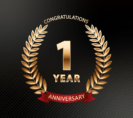1 year anniversary golden laurel wreath. Anniversary celebration logo. Vector illustration Editable