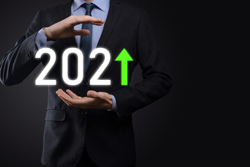 Plan business positive growth in year 2021 concept. Businessman plan and increase of positive indicators in his business, Growing up business concepts.