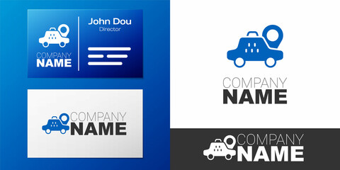 Logotype Map pointer with taxi car icon isolated on white background. Location symbol. Logo design template element. Vector
