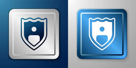 White Life insurance with shield icon isolated on blue and grey background. Security, safety, protection, protect concept. Silver and blue square button. Vector