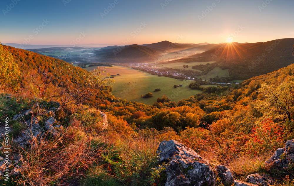 Wall mural autumn mountain panorama with golden forest and village in slovakia - Wall murals