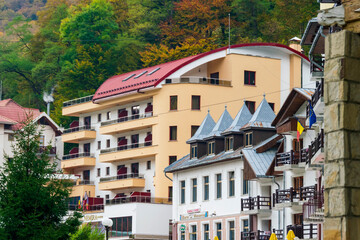 Fototapeta na wymiar Hotels and Pensions from the Slanic Moldova Resort, Bacau, Romania 