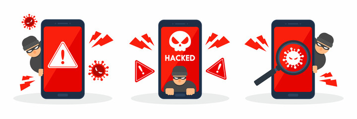 Collection of system error warnings on smartphones. Emergency alert of threat by malware, virus, trojan, ransomware, or hacker. Creative cyber crime concept. Vector flat style icon illustration. - obrazy, fototapety, plakaty