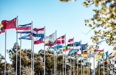 A row of different countries flags on a sunny spring day in Canberra