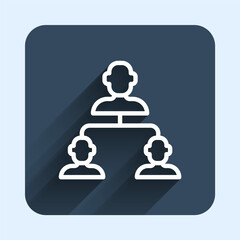 White line Business hierarchy organogram chart infographics icon isolated with long shadow background. Corporate organizational structure graphic elements. Blue square button. Vector
