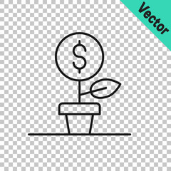 Black line Dollar plant icon isolated on transparent background. Business investment growth concept. Money savings and investment. Vector