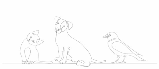 cat, dog and crow one continuous line drawing, isolated