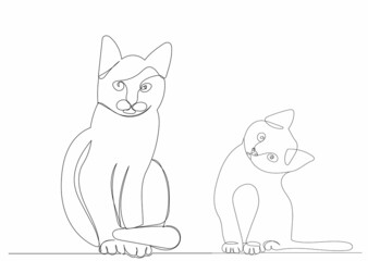 cat and kitten drawing by one continuous line, isolated