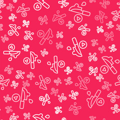 Naklejka premium White line Thriller movie icon isolated seamless pattern on red background. Bloody knife. Suspenseful cinema genre, survival horror. Shocking films with gore and violence. Vector