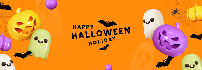 Halloween horizontal banner, header for website. Realistic 3d design, orange pumpkin, ghost, bats, spider web. Abstract cartoon design. Vector illustration