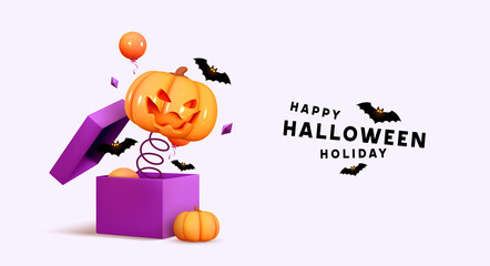 Halloween Holiday Design. Scary pumpkin head jumps out. Open gifts boxes. Realistic 3d pumpkin with scary smiles on his face. Web Banner, Party poster, advertising brochure, flyer. Vector illustration