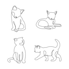 Cute cat continuous line drawing elements set.