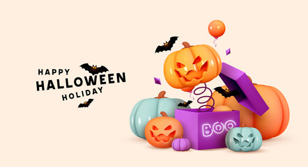 Fototapeta premium Halloween Holiday Design. Scary pumpkin head jumps out. Open gifts boxes. Realistic 3d pumpkin with scary smiles on his face. Web Banner, Party poster, advertising brochure, flyer. Vector illustration