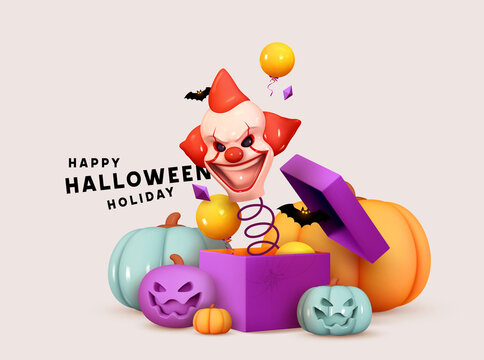 Halloween Holiday Design. Scary clown head jumps out. Open gifts boxes. Realistic 3d pumpkin with scary smiles on his face. Web Banner, Party poster, advertising brochure, flyer. Vector illustration