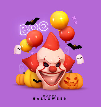 Halloween Holiday Design. Scary clown head. Orange Pumpkins angry faces smiles, helium balloons, bat and ghost. Web Banner, Party poster, advertising brochure, flyer. Realistic 3d Vector illustration