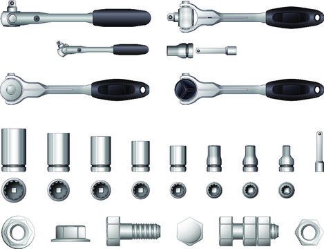 Realistic socket wrench kit + bolts &ndash; easy to edit
