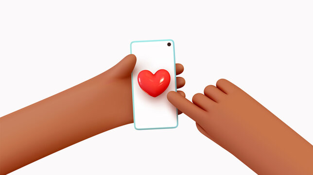 In hands of mobile phone, icons like red heart, approval social networks. Social media creative idea 3d concept with realistic design. People Holding Smartphone. Vector illustration