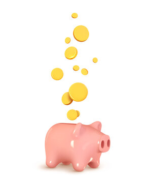 Money Piggy bank creative business concept. Realistic 3d design. Pink pig keeps gold coins. Safe finance investment. Financial services. Vector illustration