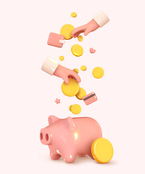 Money Piggy Bank Creative Business Concept. Realistic 3d Design. Pink Pig, Human Hand Keeps Throws And Gold Coins. Safe Finance Investment. Financial Services. Vector Illustration