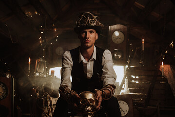 male inventor in a steampunk suit with a hat, a top hat with glasses and mechanisms